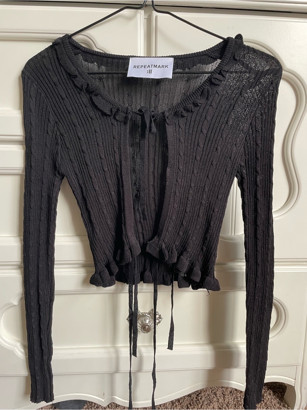 Lewkin Black Ribbed Tie-Front Long Sleeve Cardigan